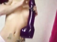 I am Pierced goth babe with pussy piercings Huge dildo play