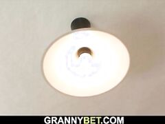 Very old blonde in stockings rides stranger's cock