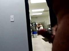 Jerkin off to two women doing laundry, one watches cum