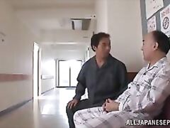 Horny Asian nurse Mao Miyabi makes amazing footjob and rides rod.