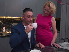 Hairy mom makes coffee and gets anal sex from boy