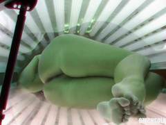 Brunette Teen Girl Tanning her Tight Shaved Pussy